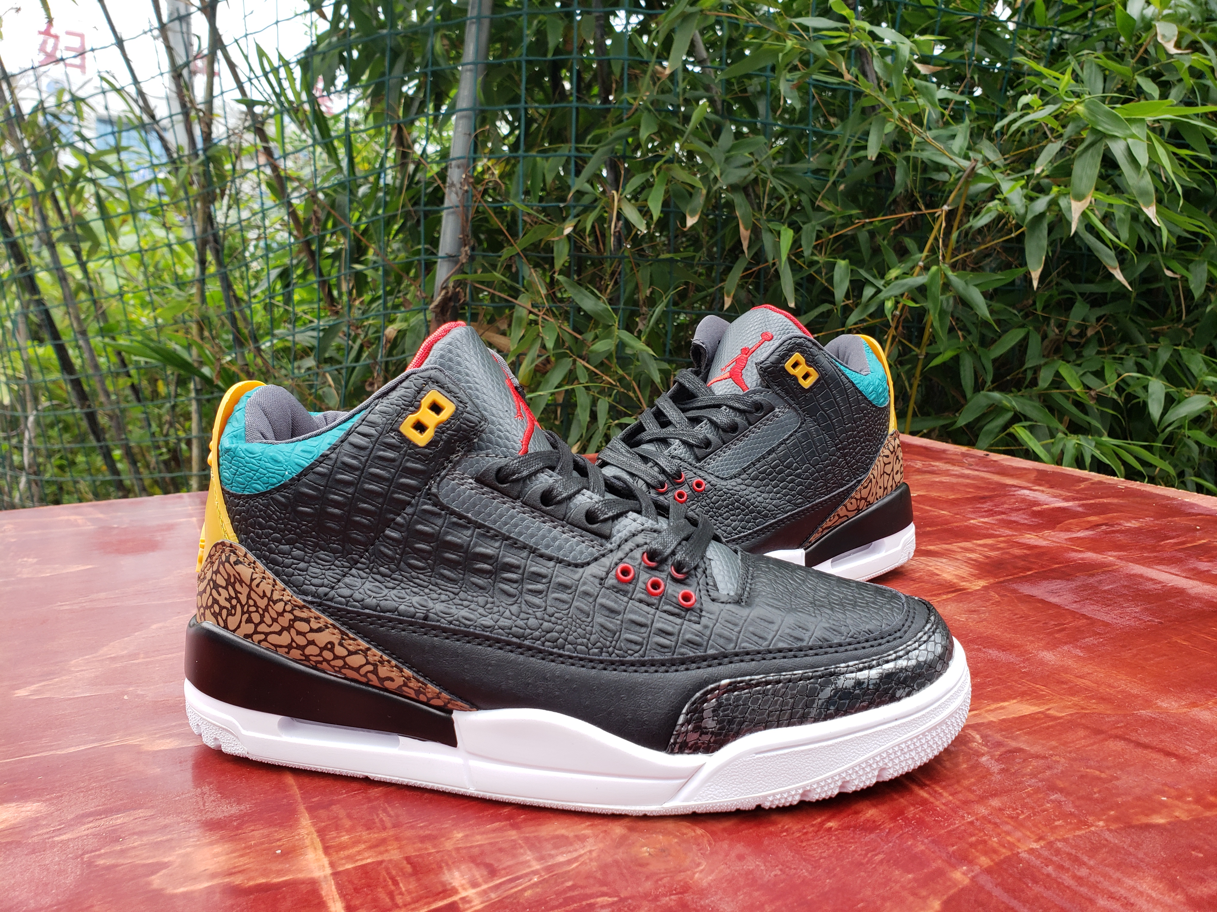 2020 Air Jordan 3 Retro Crocodile Black Red Yellow Blue Shoes - Click Image to Close